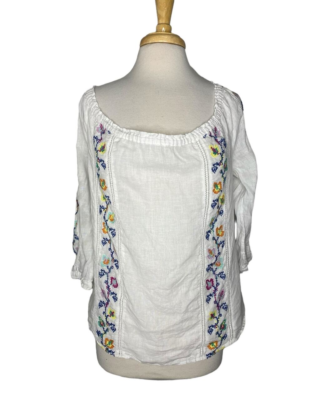 J.JILL Love Linen White Boho Embroidered Peasant Top XS Petite *READ* Floral